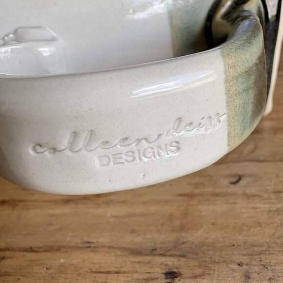 Handmade Pottery Coffee Mug Colleen Deiss  Bicycles Cream Green Glazed Ceramic - Picture 10 of 12